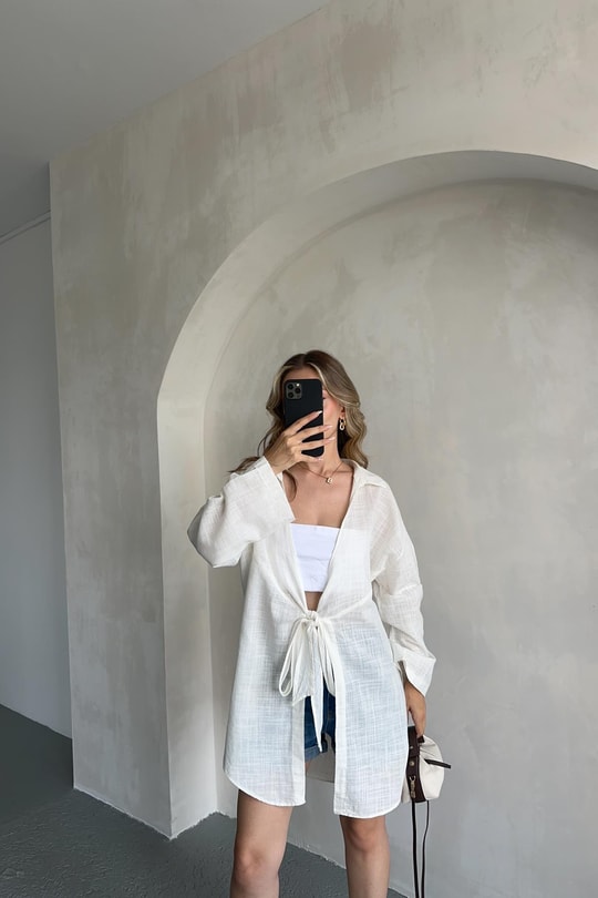 Önden Bağlamalı Keten Kimono Beyaz