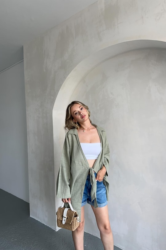 Önden Bağlamalı Keten Kimono Haki