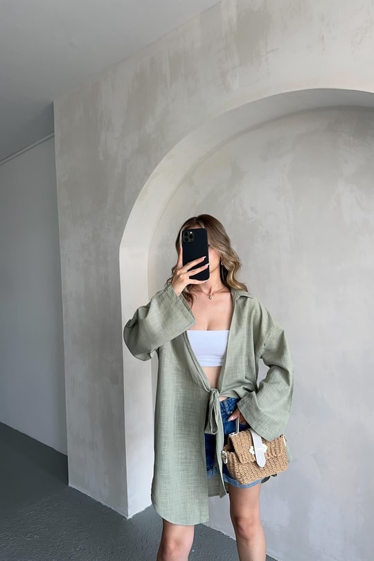 Önden Bağlamalı Keten Kimono Haki