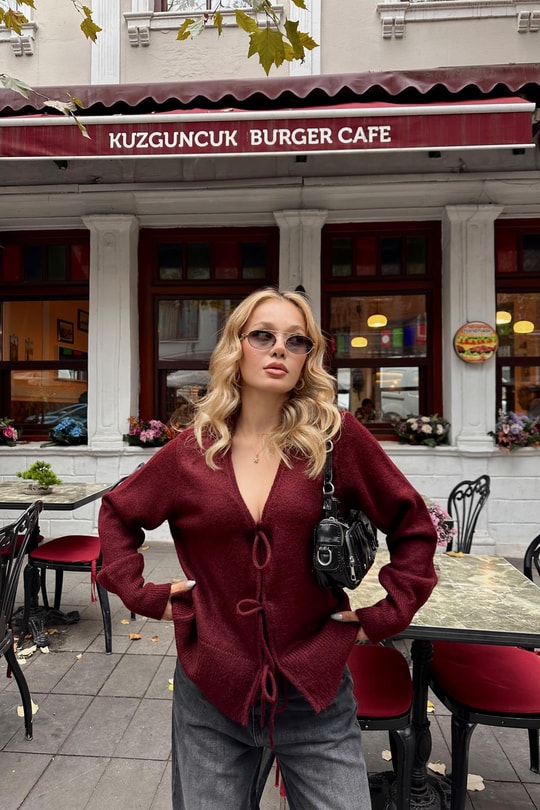 Önü Bağçıklı ipek Hırka Bordo