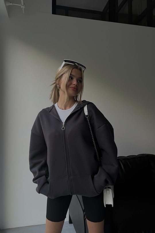 Oversize Kapüşonlu Hırka Antrasit