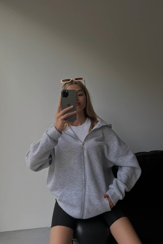 Oversize Kapüşonlu Hırka Gri
