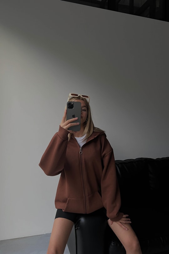 Oversize Kapüşonlu Hırka Kahve