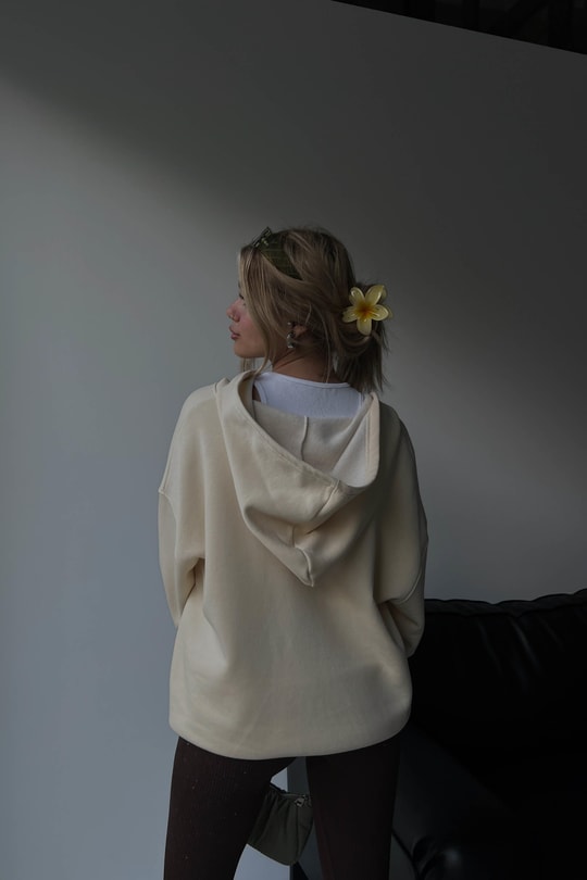Oversize Kapüşonlu Hırka Krem