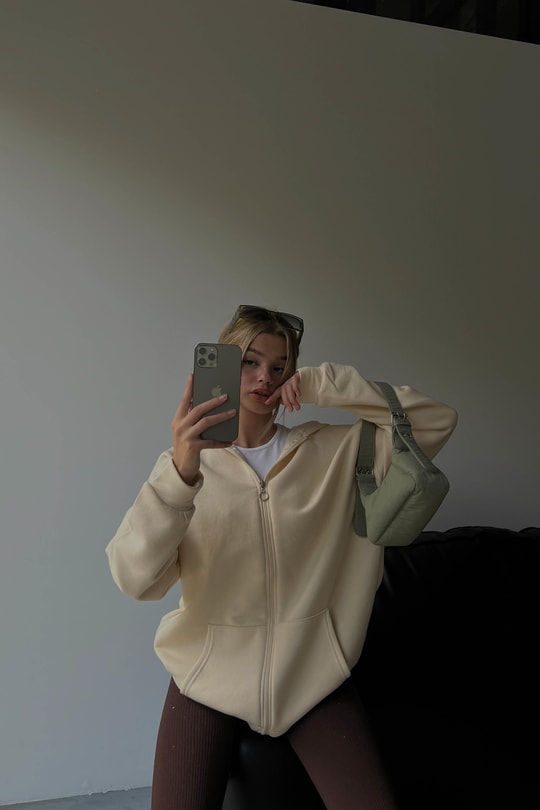 Oversize Kapüşonlu Hırka Krem