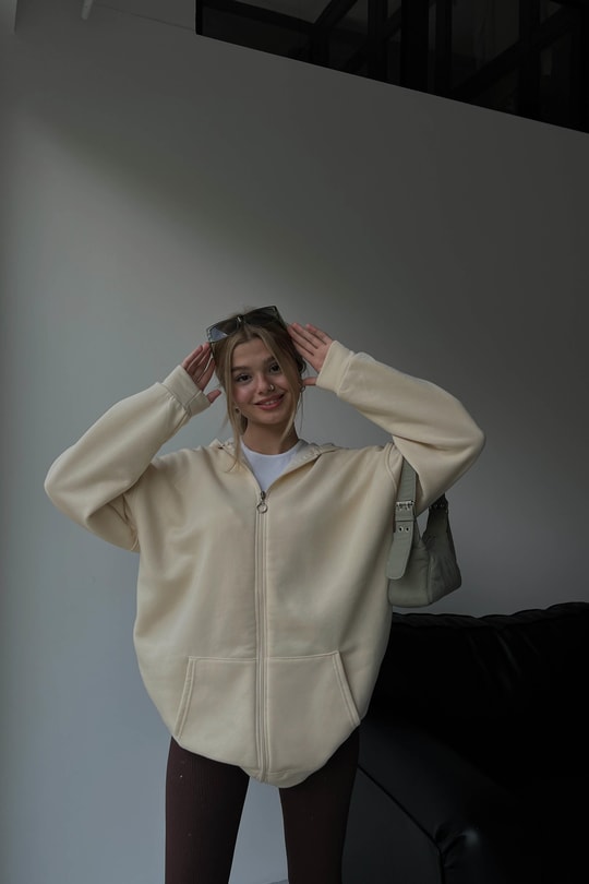 Oversize Kapüşonlu Hırka Krem