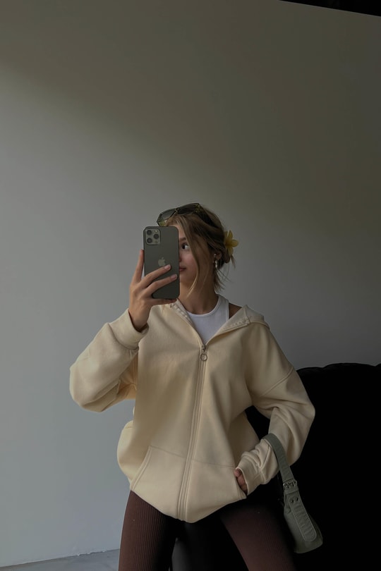 Oversize Kapüşonlu Hırka Krem