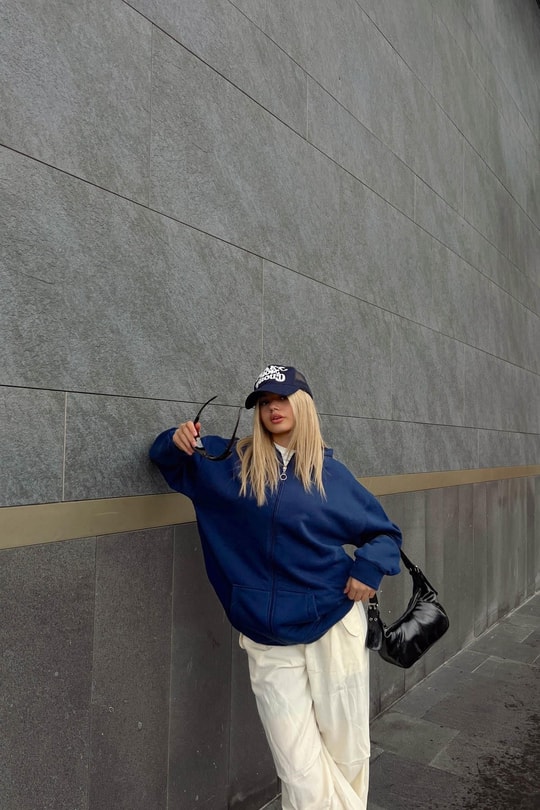 Oversize Kapüşonlu Hırka Lacivert