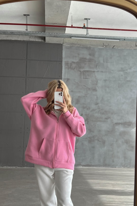 Oversize Kapüşonlu Hırka Şeker Pembe