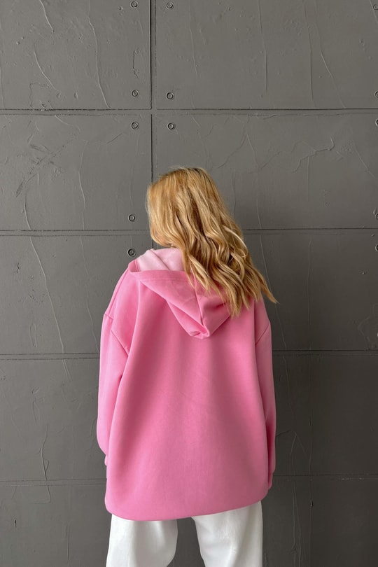 Oversize Kapüşonlu Hırka Şeker Pembe
