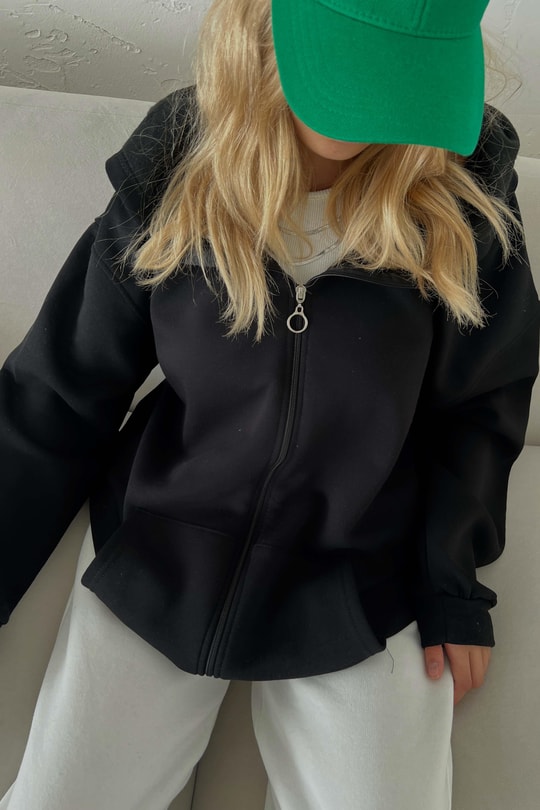 Oversize Kapüşonlu Hırka Siyah