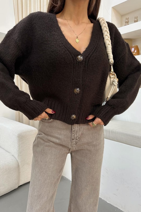 Oversize Triko Hırka Acı Kahve
