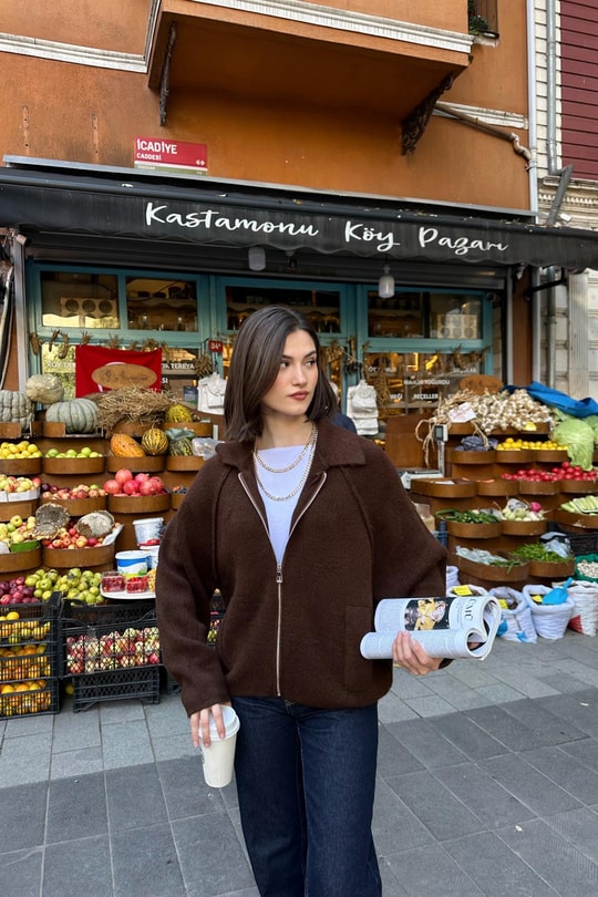 Polo Yaka Fermuarlı Hırka Acı Kahve