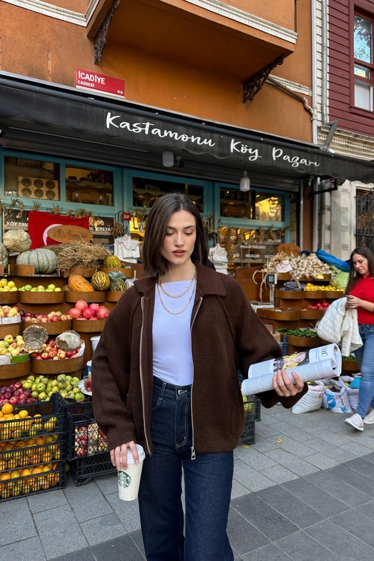 Polo Yaka Fermuarlı Hırka Acı Kahve