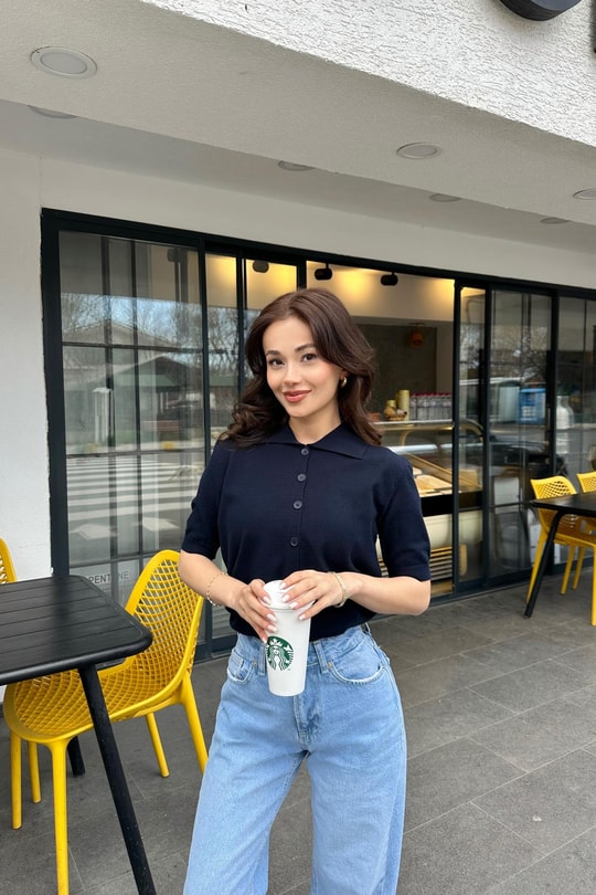 Polo Yaka Kısa Kol Hırka Lacivert