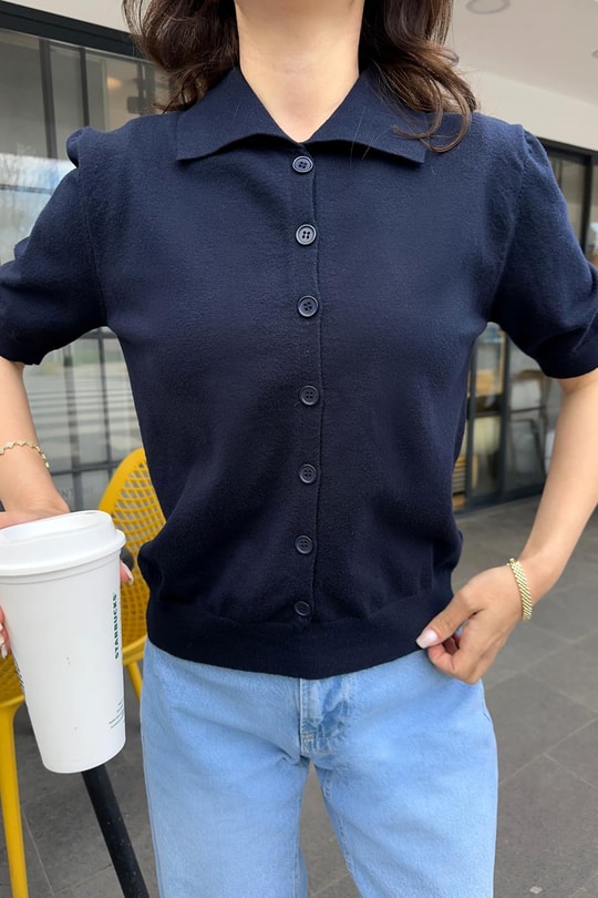 Polo Yaka Kısa Kol Hırka Lacivert