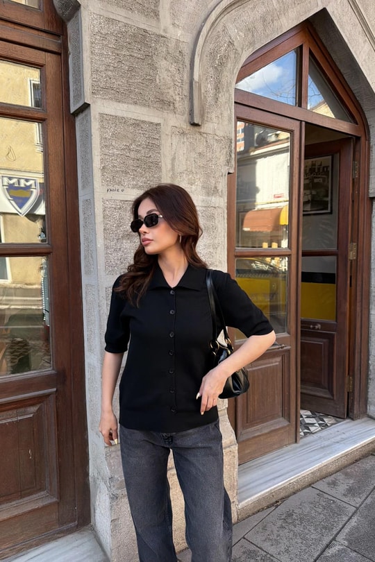Polo Yaka Kısa Kol Hırka Siyah