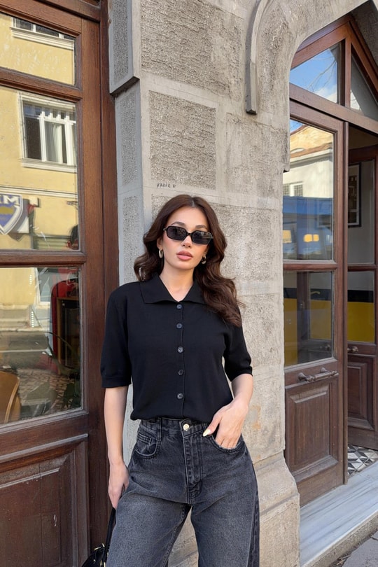 Polo Yaka Kısa Kol Hırka Siyah
