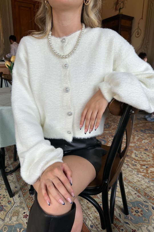 Saçaklı Örgü Hırka Ekru