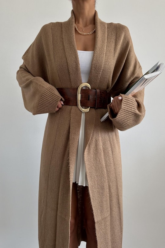 Şal Yaka Uzun Triko Hırka Camel