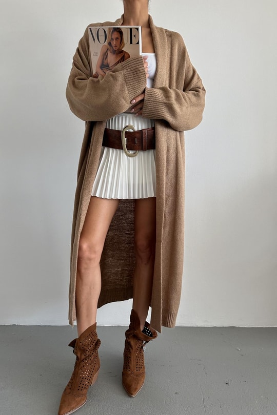 Şal Yaka Uzun Triko Hırka Camel