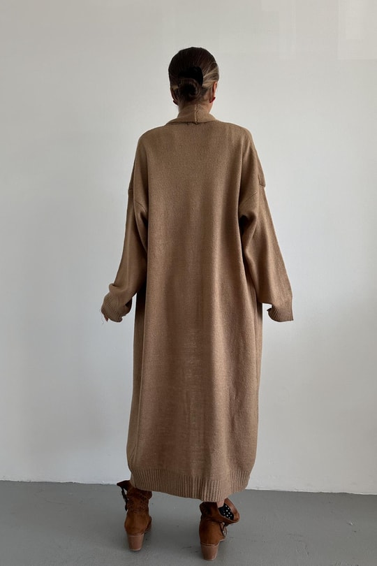 Şal Yaka Uzun Triko Hırka Camel