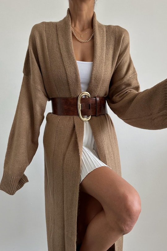 Şal Yaka Uzun Triko Hırka Camel