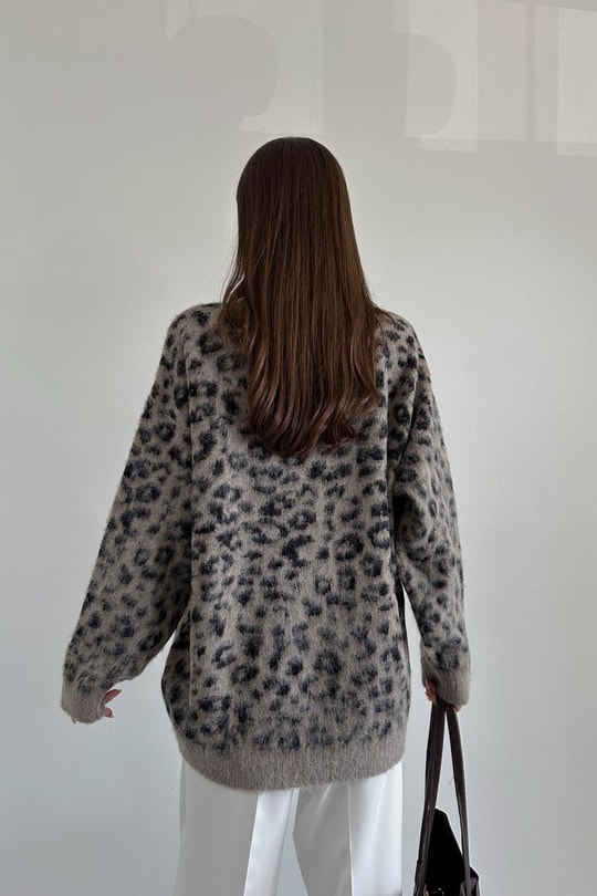 Şardonlu Leopar Hırka Vizon
