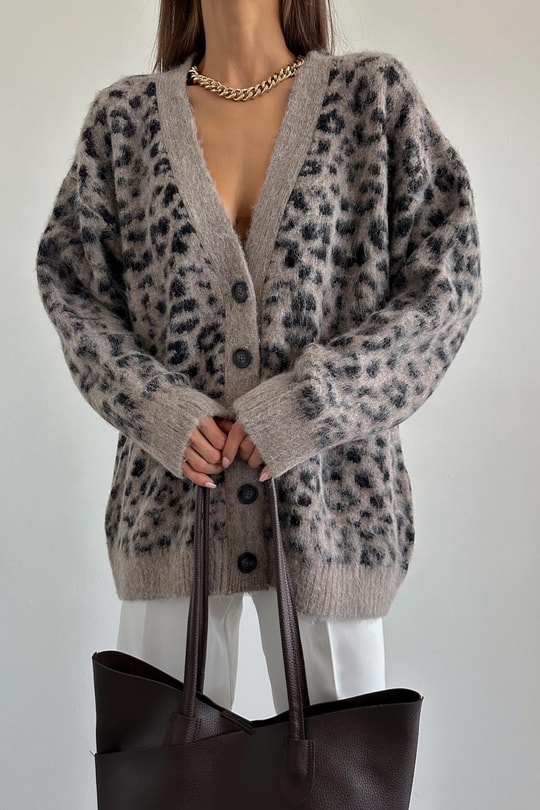 Şardonlu Leopar Hırka Vizon