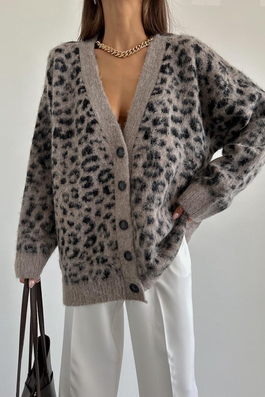 Şardonlu Leopar Hırka Vizon