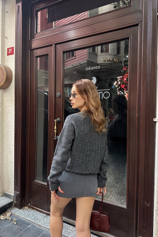 Taş Düğmeli Triko Hırka Antrasit