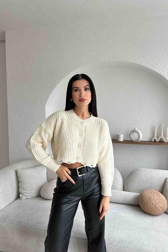 Yırtık Detay Triko Hırka Bej
