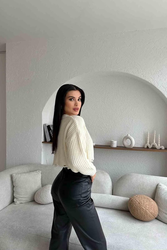 Yırtık Detay Triko Hırka Bej