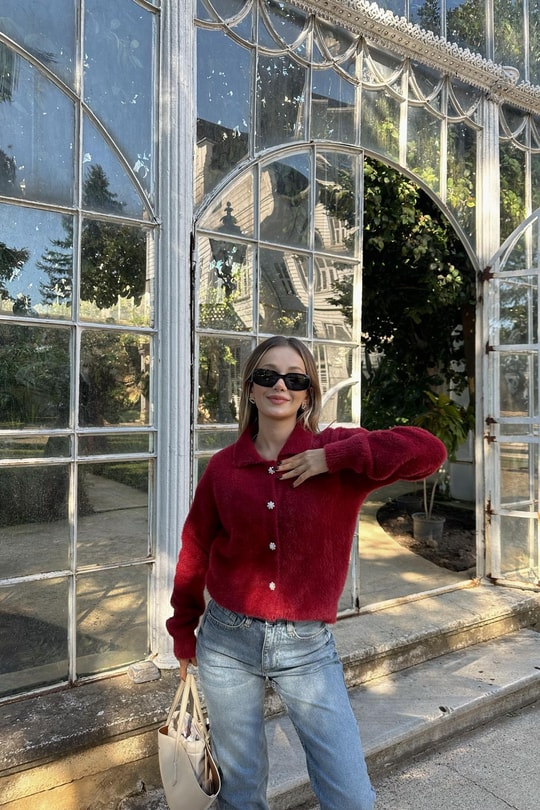 Yumoş Polo Yaka Hırka Bordo