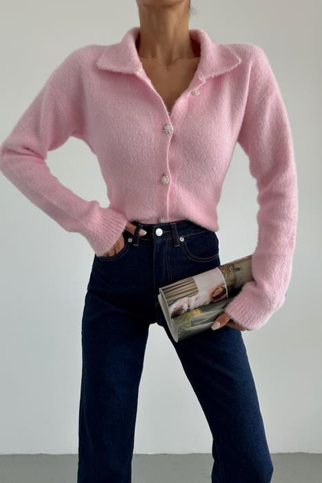 Yumoş Polo Yaka Hırka Pembe