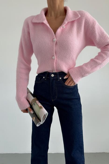 Yumoş Polo Yaka Hırka Pembe