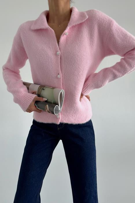 Yumoş Polo Yaka Hırka Pembe
