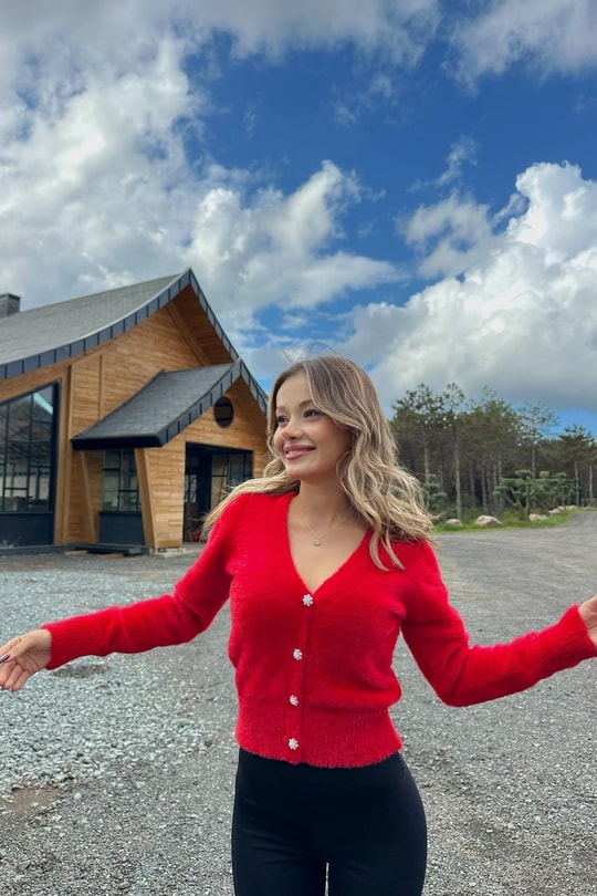 Yumoş Taşlı Hırka Kırmızı