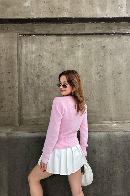 Yumoş Taşlı Hırka Şeker Pembe