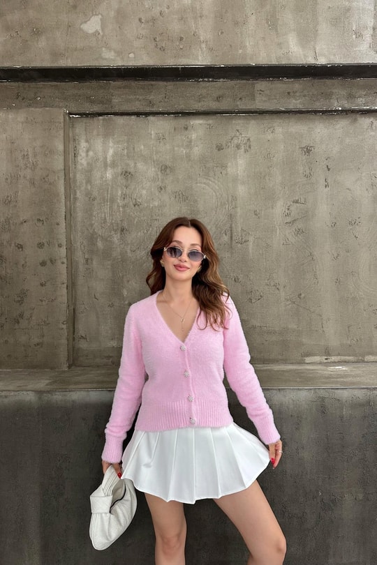 Yumoş Taşlı Hırka Şeker Pembe