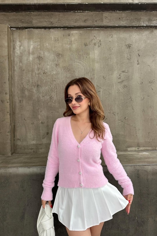 Yumoş Taşlı Hırka Şeker Pembe