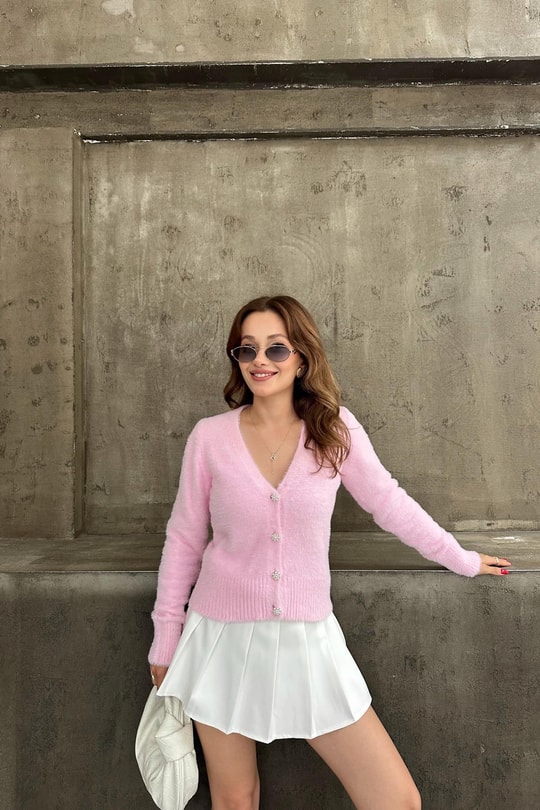 Yumoş Taşlı Hırka Şeker Pembe