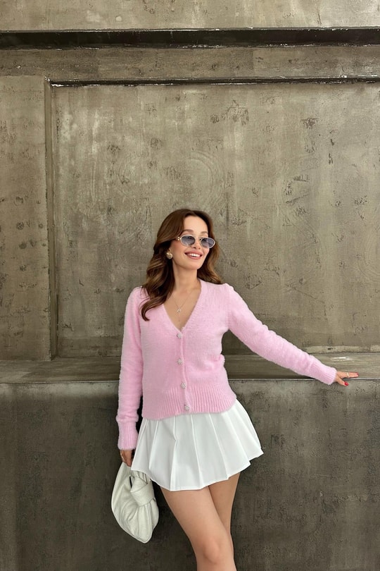 Yumoş Taşlı Hırka Şeker Pembe