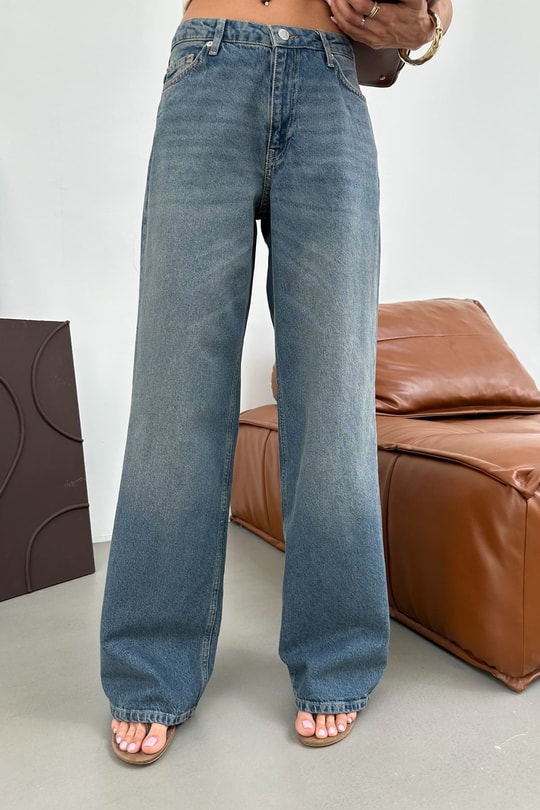 Yıkamalı Geniş Paça Jean Mavi Jean