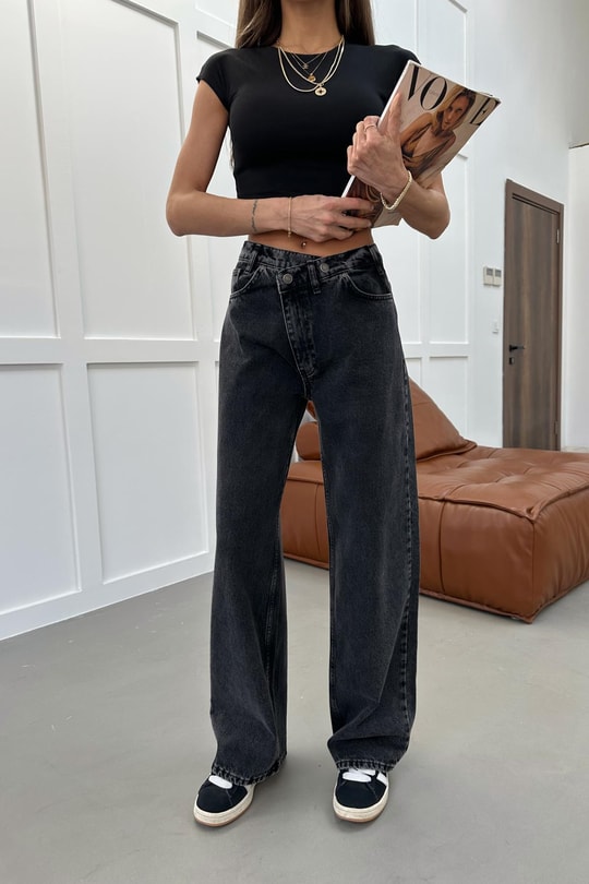 Asimetrik Baggy Jean Füme