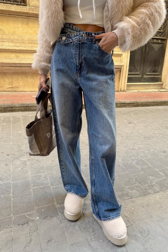 Asimetrik Düğmeli Palazzo Jean Mavi