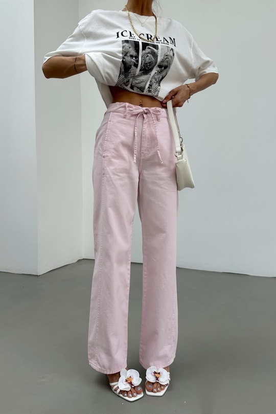 Bağcıklı Pink Colour Jean Pembe