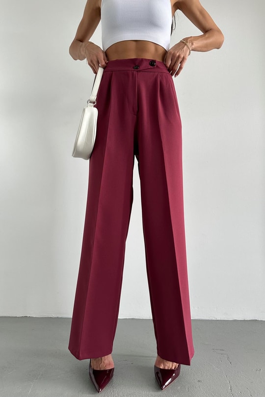 Çift Düğme Bel Lastikli Pallazzo Pantolon Bordo