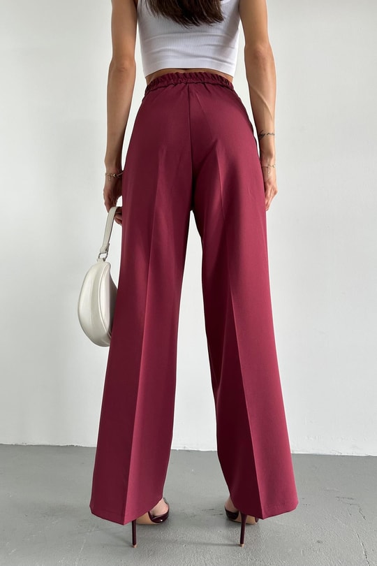 Çift Düğme Bel Lastikli Pallazzo Pantolon Bordo