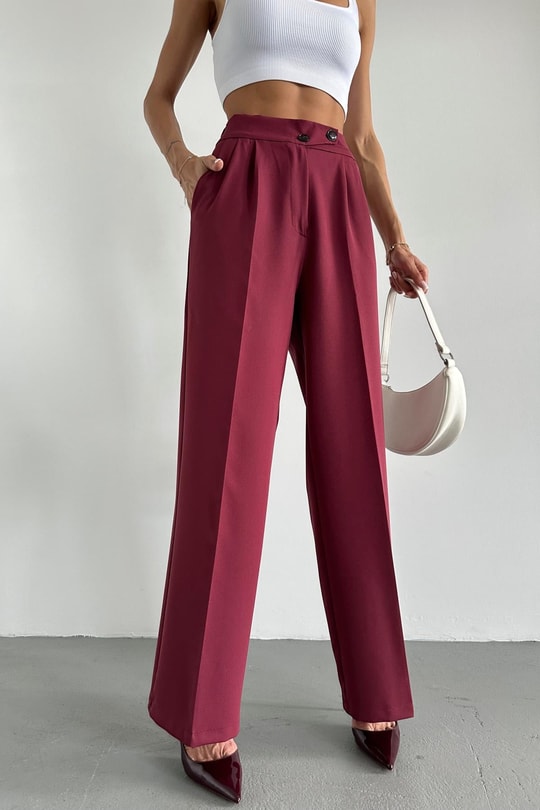 Çift Düğme Bel Lastikli Pallazzo Pantolon Bordo